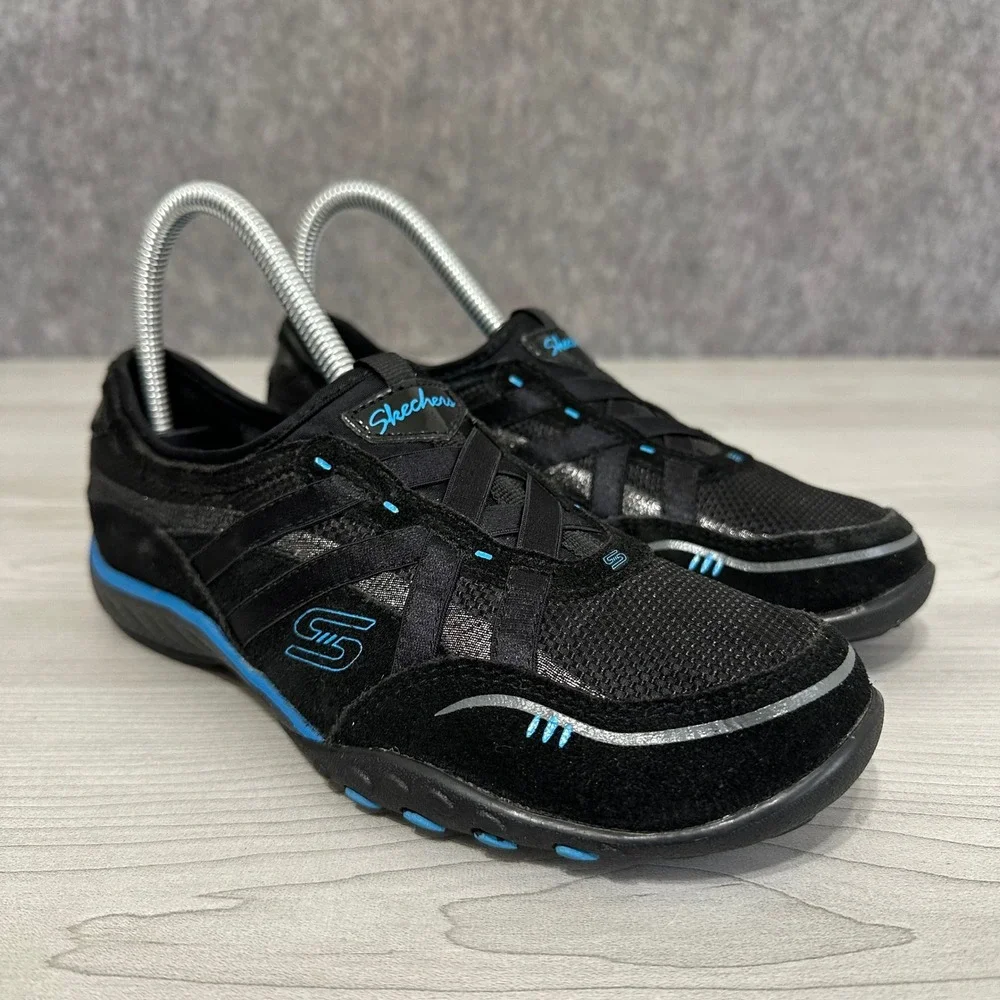 Skechers Relaxed Fit Sneakers Womens 6 Black Blue Bungee Slip On Memory Foam